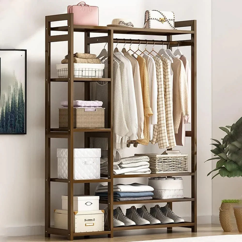 Floor-Standing Solid Wood Rotating Coat Rack,Portable Bamboo Clothes Rack - Versatile Closet Organizer with Storage Shelves and Compartments for Bedroom, Entryway, or Living Room - Stylish a