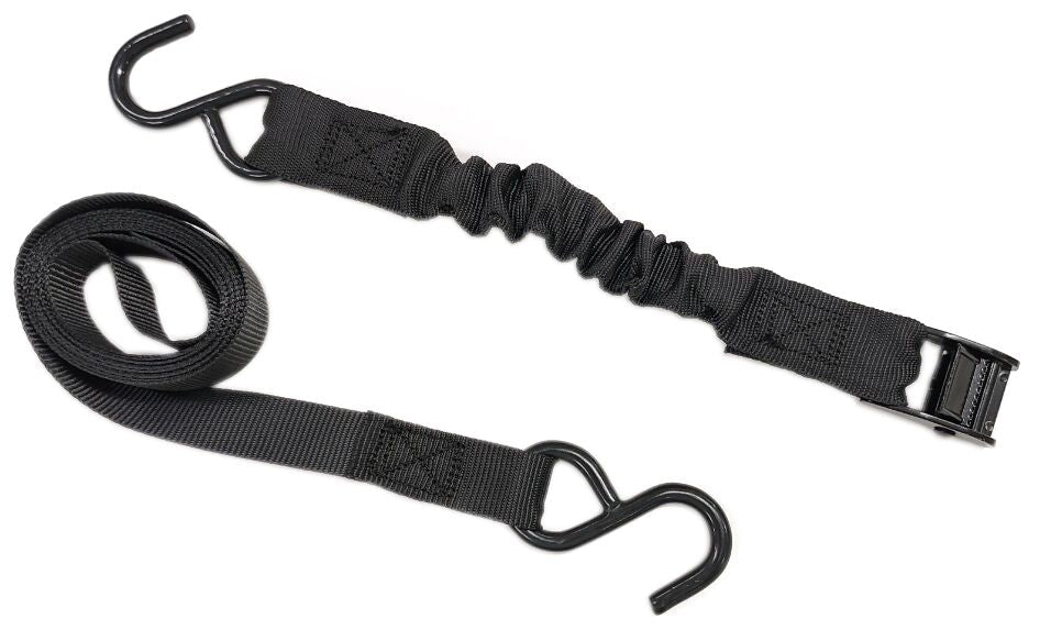 Bungee Cam-Buckle Tie-Down, 600-lb Break Strength, Black, 8-ft, 2-pk