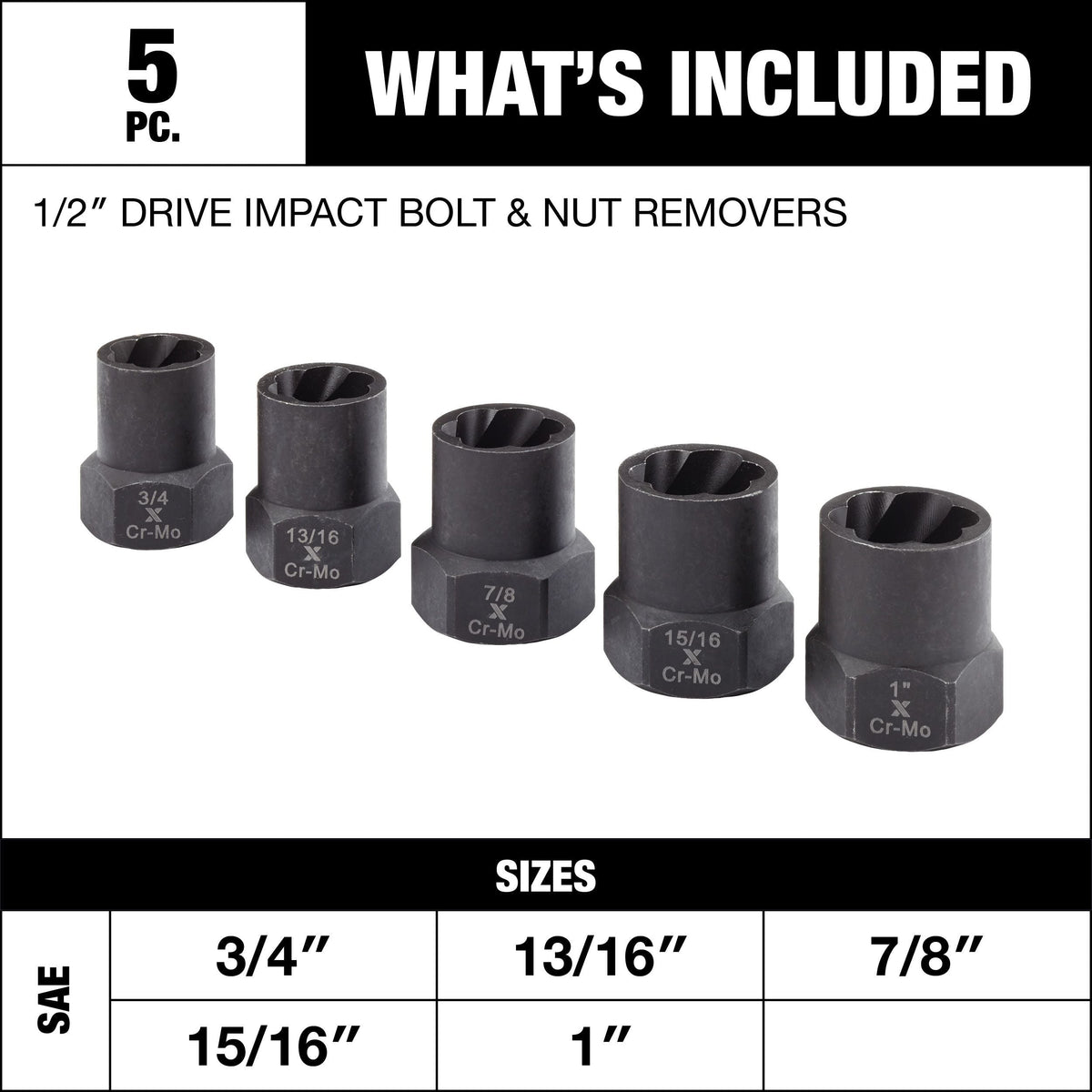 1/2-in Drive Impact Bolt & Nut Remover Set, 5-pc