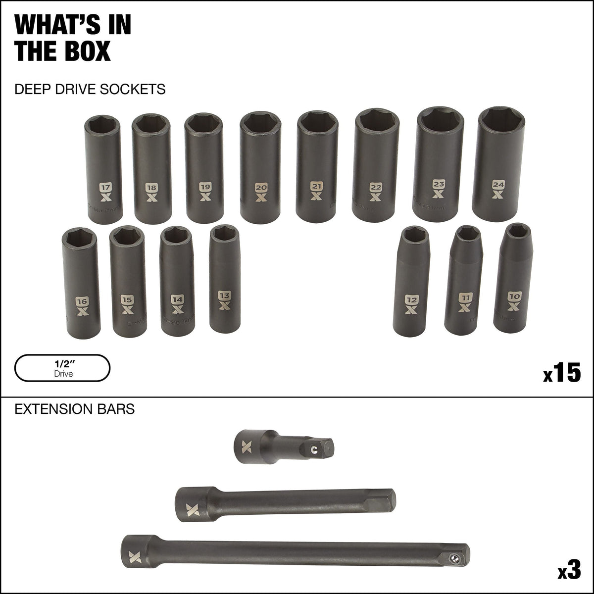 1/2-in Drive Professional Grade Impact Sockets Set, 18-pc, Metric