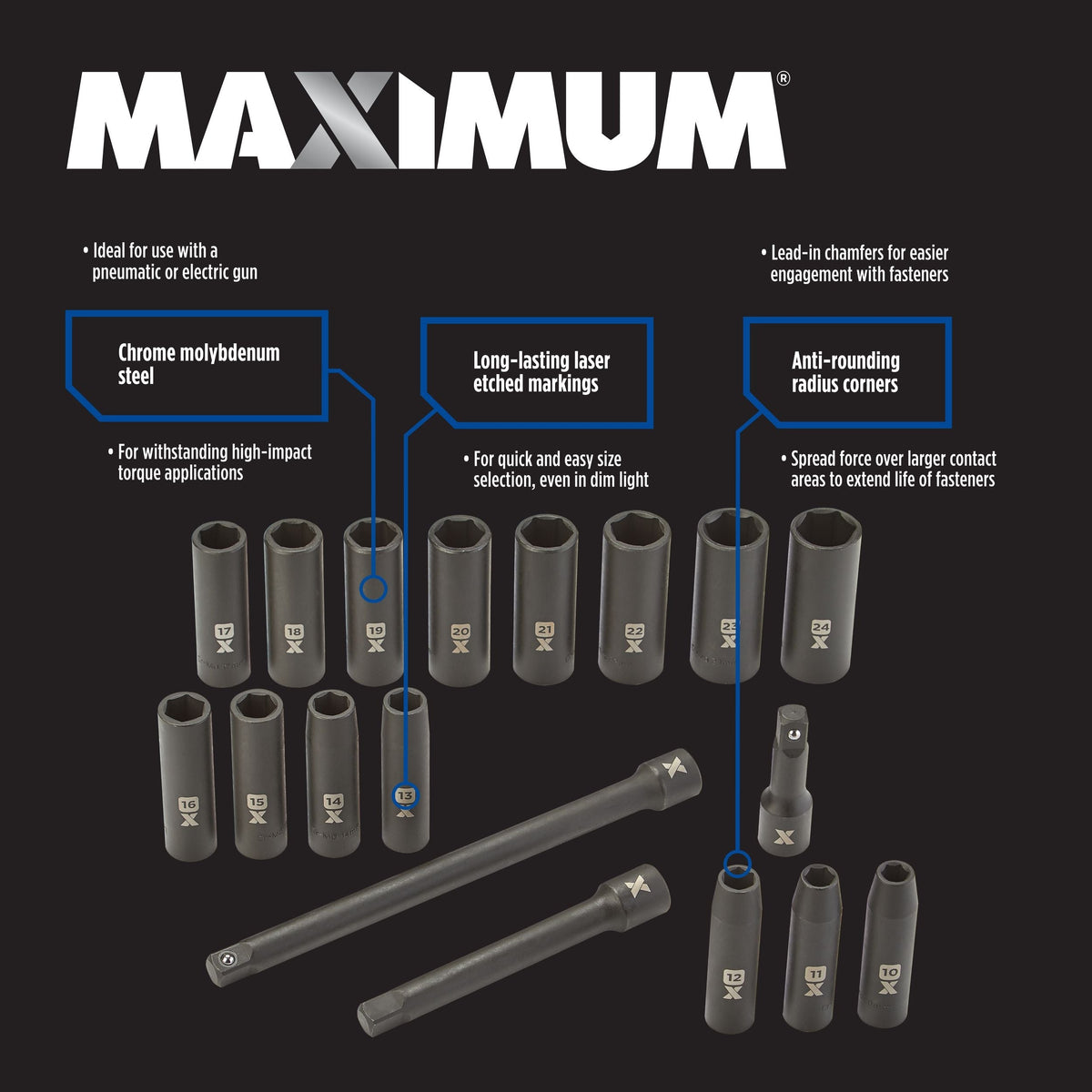 1/2-in Drive Professional Grade Impact Sockets Set, 18-pc, Metric