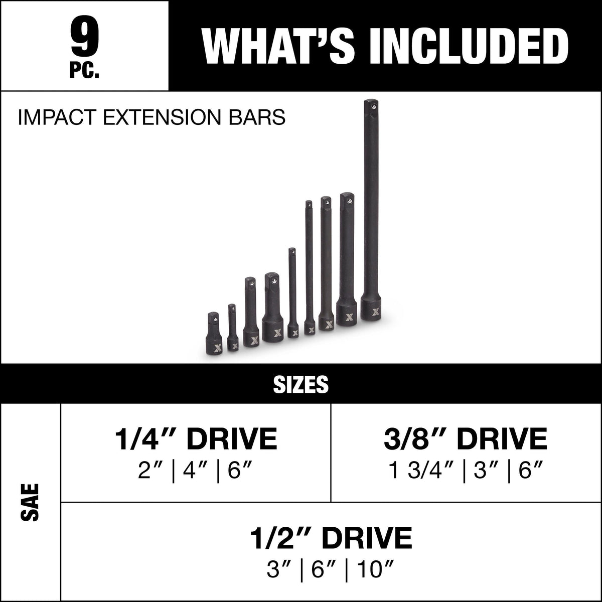 Impact Extension Bar Set, 9-pc, SAE/Metric, CRMO