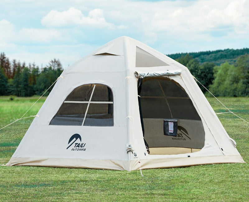 Portable inflatable camping tent, equipped with a manual pump, suitable for 3/4/6 people, easy to set up, suitable for outdoor activities. This inflatable outdoor waterproof Oxford canvas tent is suitable for family camping and is E3688