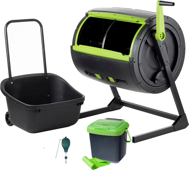 Two 65-gallon two-stage composting drums, equipped with large double doors and an open frame, are also provided along with a maze-style compost cart, a 1.85-gallon kitchen trolley-style compost bin, three rolls of corn bags, and a retractable Q4578