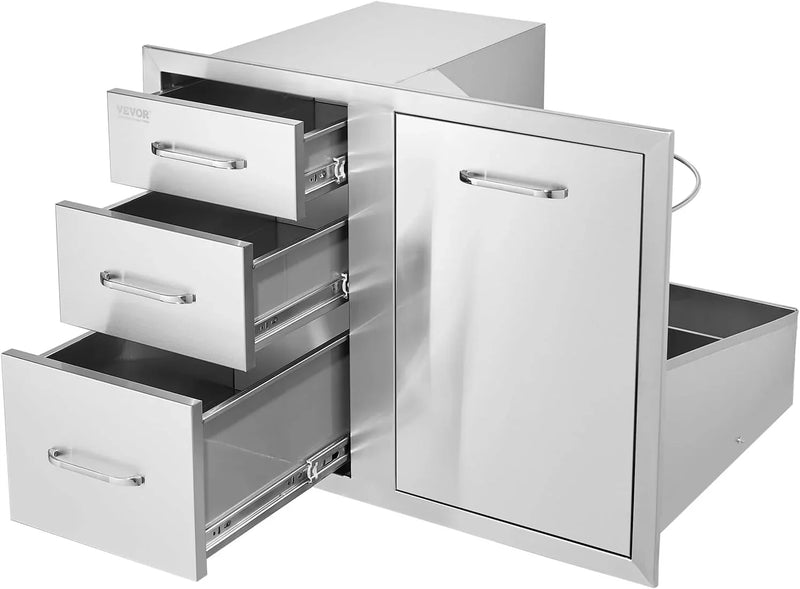 Pull Out Trash Drawer 13.4"W x 25.7"H x 19.6"D Lower Sliding Rails Stainless Steel Roll Out Trash Bin Pull Out Tray Outdoor Kitchen Trash Drawer with Handle for BBQ Island Grill Station E4953