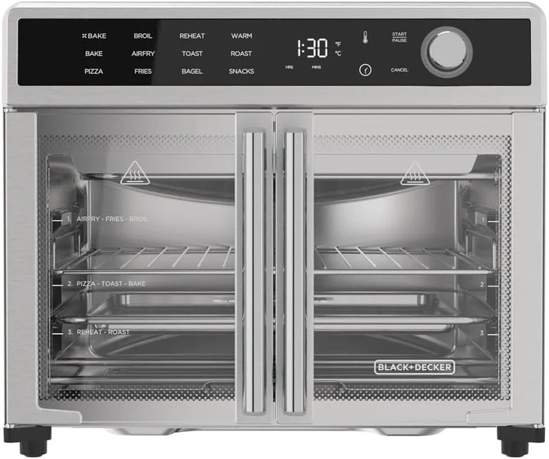 Fryer Toaster Oven Combo, 12 in 1 Countertop Convection Oven Cooks Food Fast, Fits a Whole Pizza or 6 Toast Slices, French Doors with Stainless Steel Finish E7606