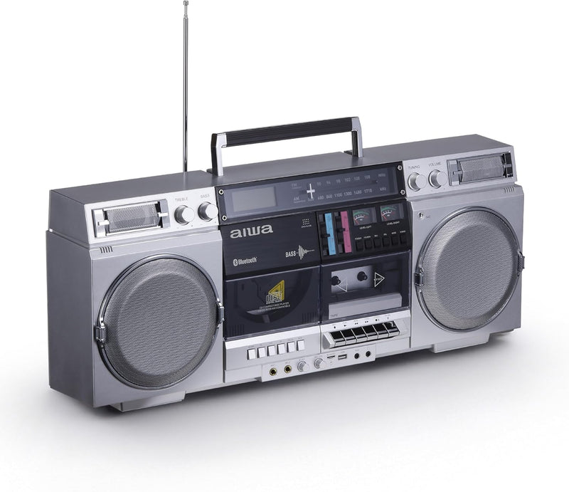 Retro-style portable CD player, featuring tape recording function, Wireless 5.0 technology, FM/AM radio, USB/SD/AUX input interfaces, VU meter, LCD display, dual 40-watt speakers - silver O5884