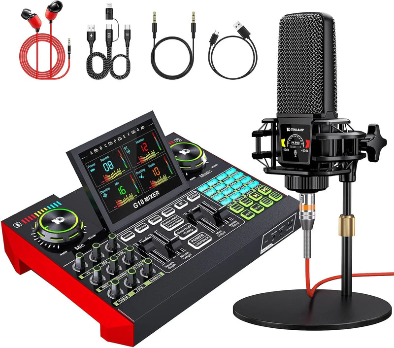 Podcast Equipment Bundle,with 3.5mm Condenser Microphone & Live Sound Card - Audio Mixer for Streaming, PC/Mobile Live Singing, Gaming Content Creators, Soundboard with USB Computer Interface W7204