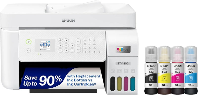 Epson EcoTank ET-4800 Wireless All-in-One Inkjet Printer, Scanner, Copier, Fax, ADF, Ethernet, White R5493