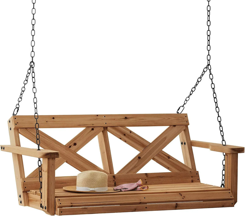 55" Cedar Wood Farmhouse Outdoor Porch Swing Bench with Two-Person Seating, Durable Hanging Chains, Water-Resistant, Heavy-Duty 600 Lbs Weight Capacity for Patio, Deck, Garden X7807