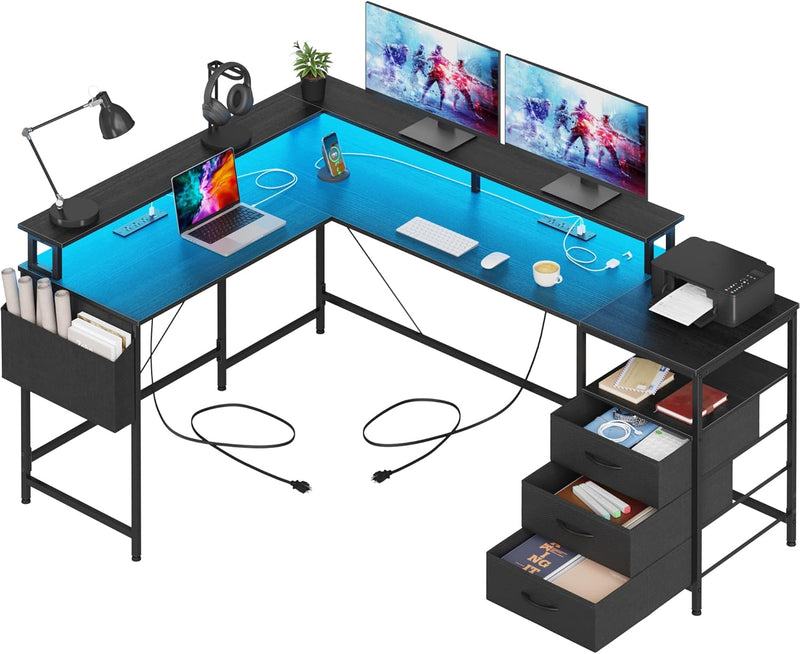 3 Drawers L Shaped Desk 63 Inch, 2 Power Strips (6 AC) and LED, Large Gaming Desk & 2 Monitor Stands, L Shape Computer Desk, Stable and Sturdy Home Office Desk, Fabric Drawers, Black P7451