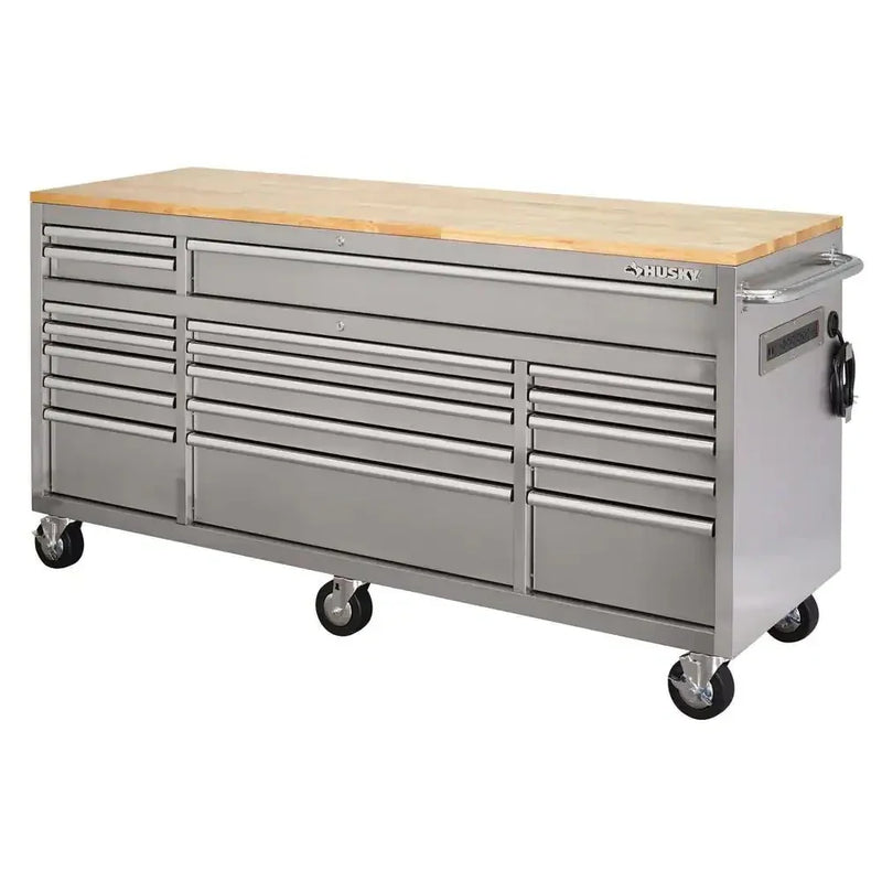 72 in 18-Drawer 24 in. D Mobile Workbench with Solid Wood Top Stainless Steel G6773