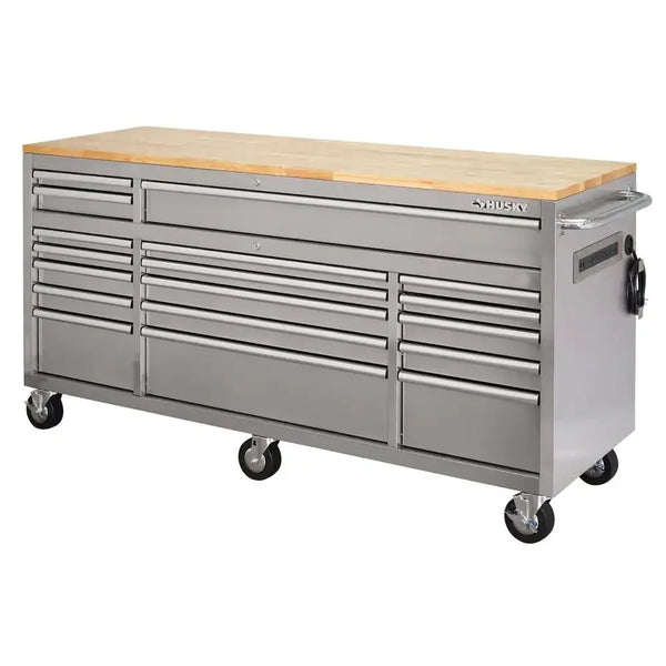 72 in 18-Drawer 24 in. D Mobile Workbench with Solid Wood Top Stainless Steel T3689