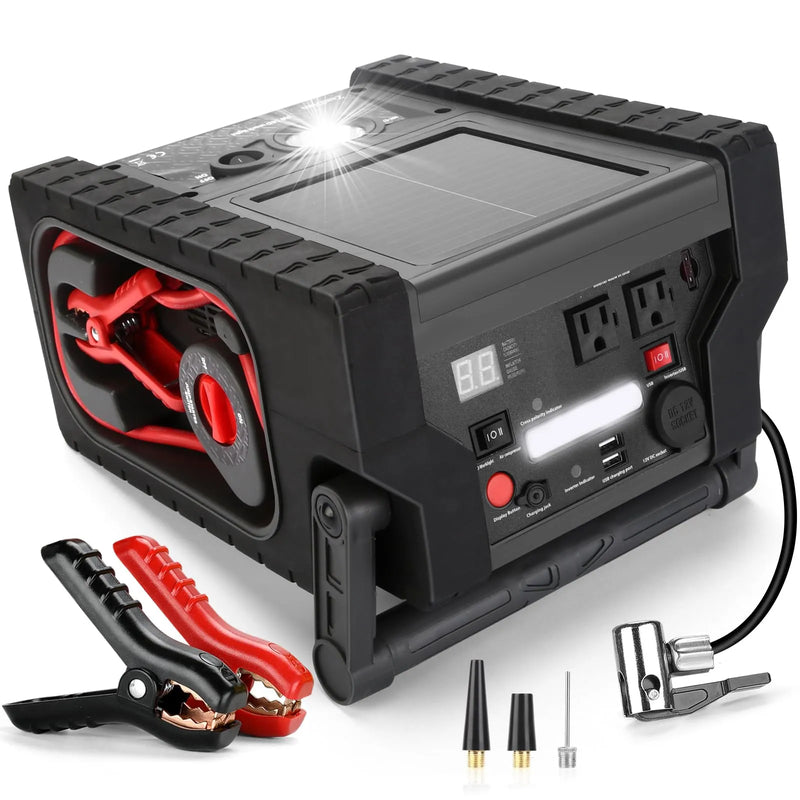 ZD-529 Solar Portable Power Station 2000 Amps Jump Starter, 260 PSI Air Compressor, 12V Car Battery Charger with 400W Inverter Dual AC/DC/USB Output, Emergency Backup Power with Flashlights I1134