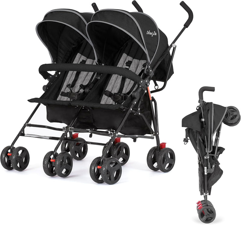 Twin Umbrella Stroller in Black, Lightweight Double Stroller for Infant & Toddler, Compact Easy Fold, Large Storage Basket, Large and Adjustable Canopy J8310