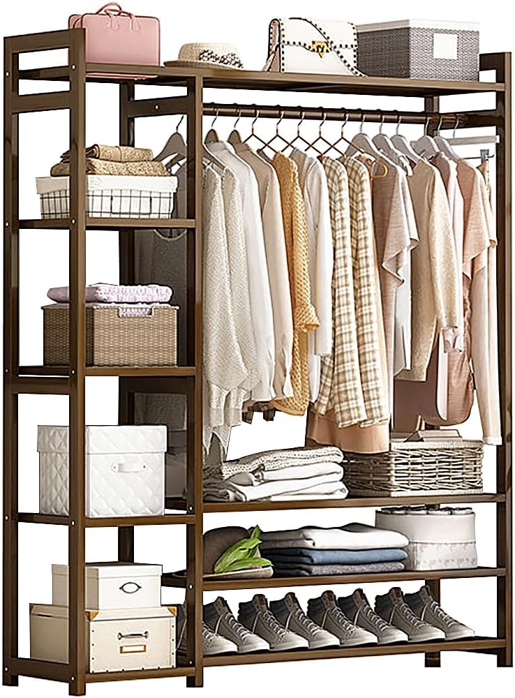 Floor-Standing Solid Wood Rotating Coat Rack，Portable Bamboo Clothes Rack - Versatile Closet Organizer with Storage Shelves and Compartments for Bedroom, Entryway, or Living Room - Stylish a
