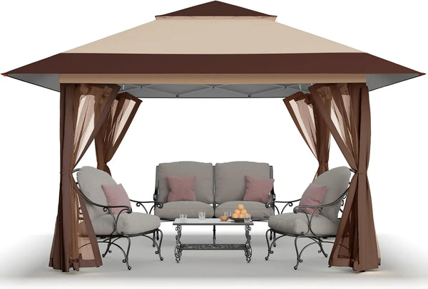CROWN SHADES 13x13 Pop Up Gazebo, Canopy Tent, Gazebos on Clearance - Outdoor Gazebo for Backyard & Patio Furniture - Carpa Pop Up Tent with Wheeled STO-N-Go Cover Bag (Beige & Coffee) F7922