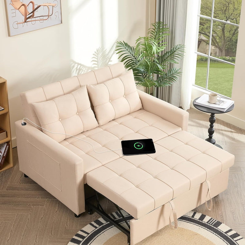 52" Sleeper Sofa with Pull-Out Bed, 3-in-1 Convertible Sofa Bed, Loveseat with Adjustable Backrest and Side Pocket, Room Apartment, Linen, Dark Grey J1323