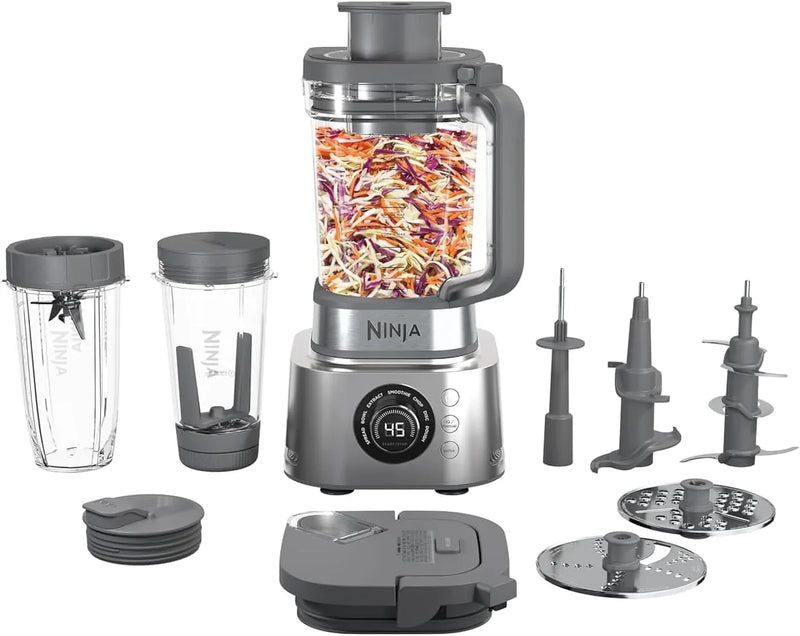 Blender and food processor combination set, powerful blender system, suitable for making smoothies, bowl foods, spreads and milkshakes, with 6 functions, 72-ounce water jug, portable cup, silver color, SS401 model. F2217
