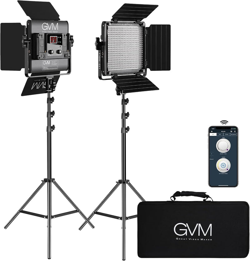 2 Pack LED Video Lighting Kits with APP Control, Bi-Color Variable 2300K~6800K with Digital Display Brightness of 10~100% for Video Photography, CRI97 TLCI97 Led Video Light Panel Barndoor U3009