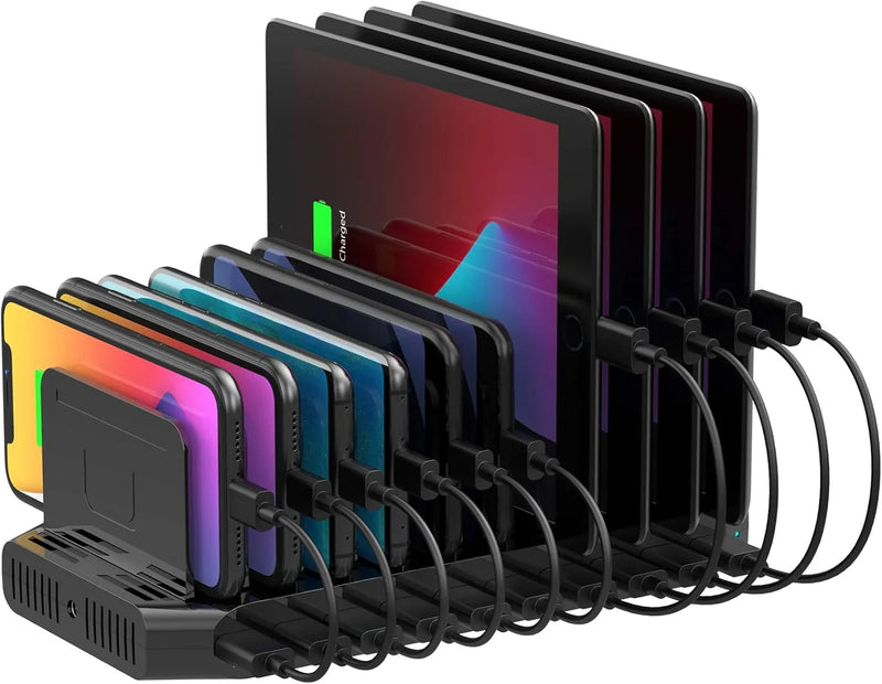 A charging interface station with 10 USB fast charging ports and adjustable partitions, suitable for charging multiple devices such as iPads, iPhones, tablets and mobile phones - 5-piece set, black R1005
