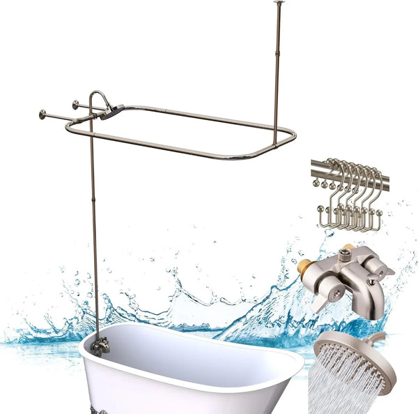 Clawfoot Tub Shower Kit, Add On Shower Units With Bathcock Diverter Faucet and 48" X 27“ Rectangular Claw foot Tub Shower Curtain Rod Kit,Claw foot Tub Shower Faucet Set,Brushed Nickel G77