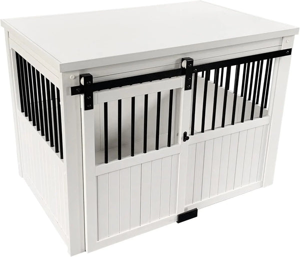 Farm sliding cowshed door furniture-style dog cage - antique white, large size. Unique style, durable and sturdy. Removable seat cushion. Easy to assemble. Q5879