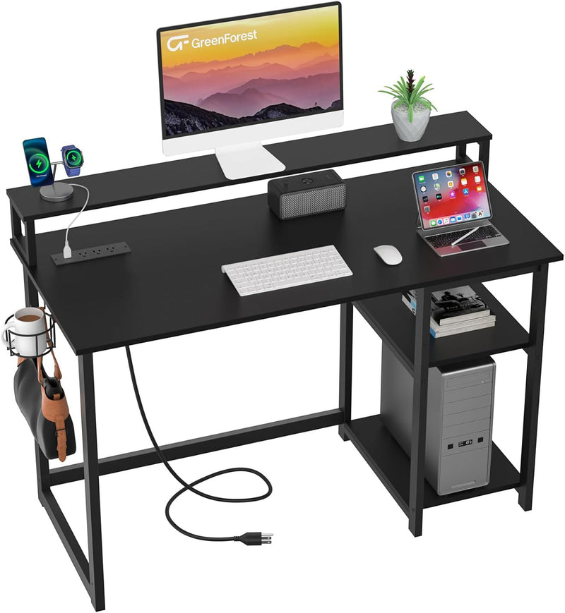 47 inch Computer Desk with Power Outlets, Small Home Office Desk with Ergonomic Monitor Stand, Reversible Gaming Desk, Modern Study Desk, Laptop Desk, White T9692
