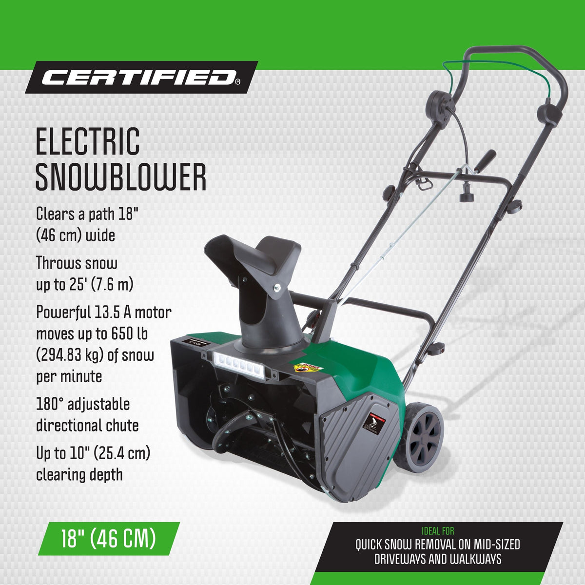 13.5-Amp Electric Corded Snowblower, 18-in