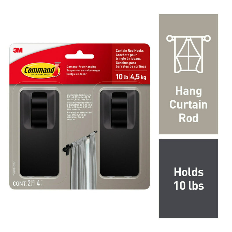 2-Piece 10-lb Matte Black Damage Free Curtain Rod Hooks J1908