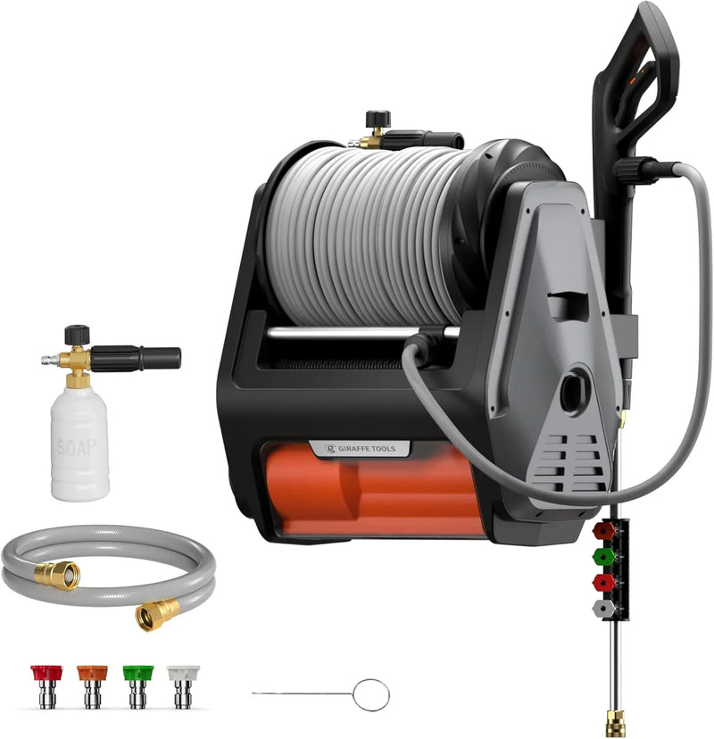 Pressure Washer Pro, Electric Wall Mount Power Washer with 100FT Retractable Pressure Hoses, 3300PSI, 1.6GPM, 4 Nozzles, Foam Cannon for Cars/Patios, Dark Silver Q8048