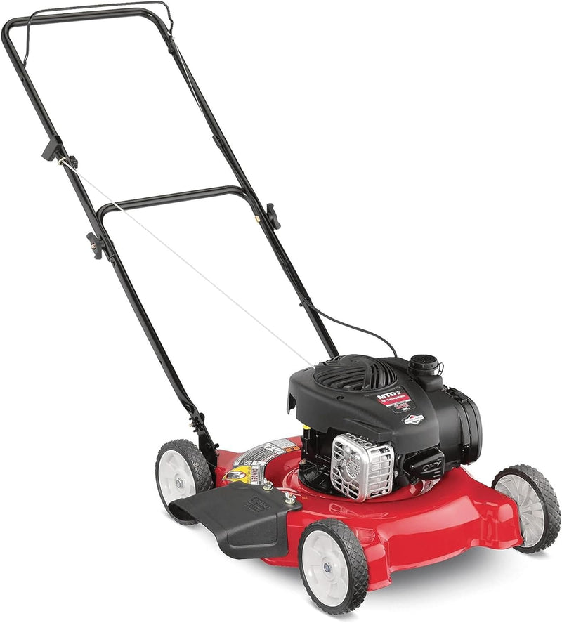 20-inch steel cutting deck, side-discharge gasoline-powered push lawn mower, with engine oil, available in red and black, suitable for outdoor yards. O51