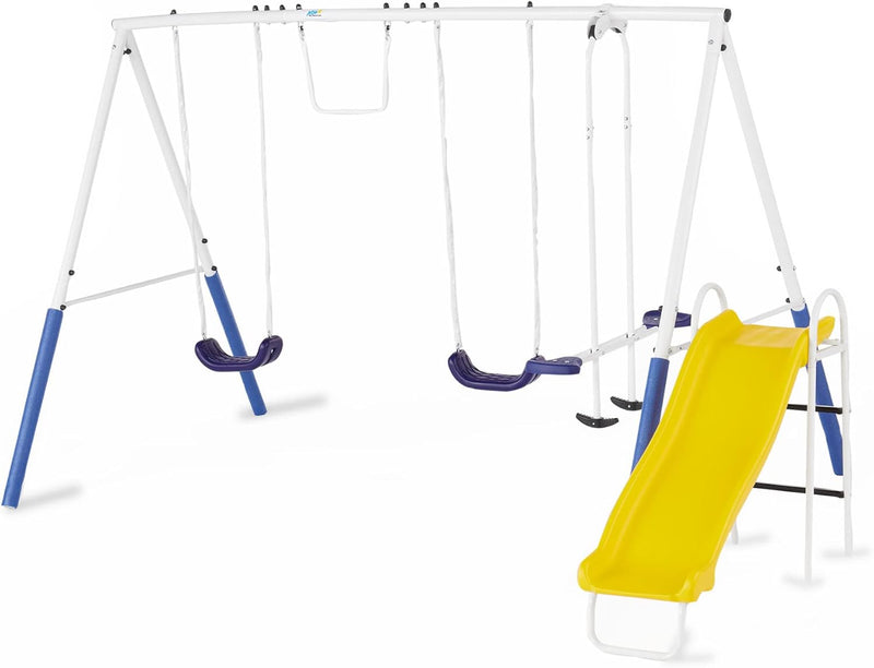Recreation Blue Ridge Backyard Playground Set Sturdy Metal A Frame Swing with Chain Covers, Glider, Trapeze, 2 Swings, and Slide, Multicolor N1707