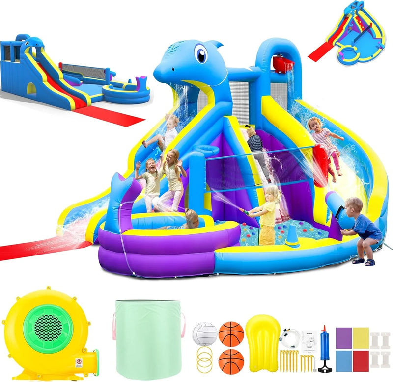 11-in-1 Inflatable Water Slide & Dolphin Bounce House w/2 Long Slides, 19.7 Ft x 13.1 Ft Extra Large Waterslide Climbing Wall w/Small Deeper Pool,Water Cannons,Hoop for Kids Backyard,550W Blower O7514