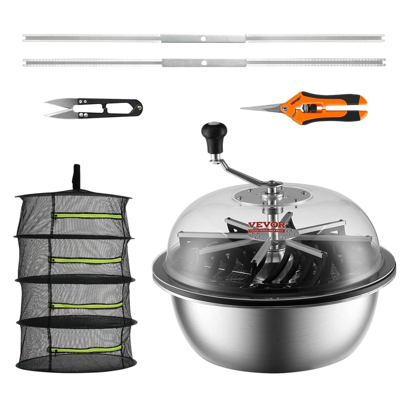 Leaf trimmer, 16-inch trimming bowl, manual flower branch trimmer, equipped with stainless steel blades for rotary trimming, transparent observation cover, foldable herb drying rack and handheld trimmer are all included. Q4396
