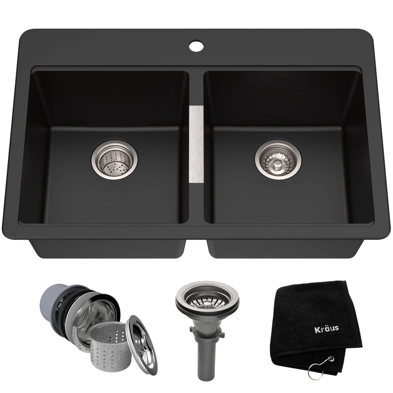 Quarza Undermount Granite Double Bowl Kitchen Sink, Black Onyx, 33x22x10-in C9400