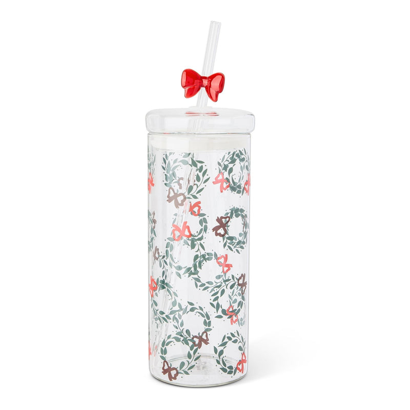 22-oz Printed Glass Tumbler with Bow Charm Straw C7143
