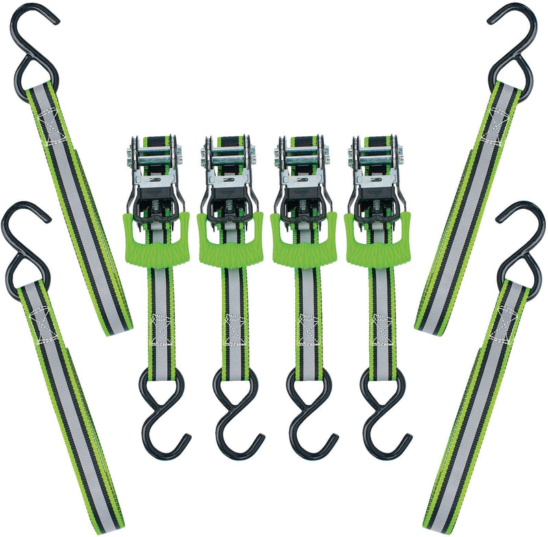 1,500-lb Reflective Ratchet Tie Down Strap, with Padded D-Handle, 1-in x 12-ft, 4-pk, Green M5438