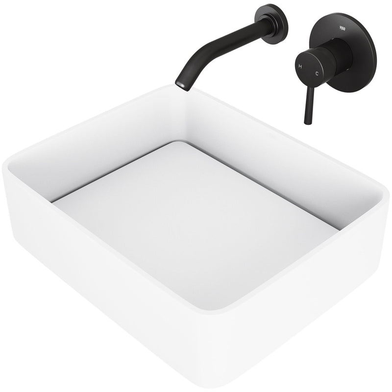 Jasmine White Bathroom Sink/Basin Set with Olus Wall Mount Faucet and Rectangular Composite Vessel A2722