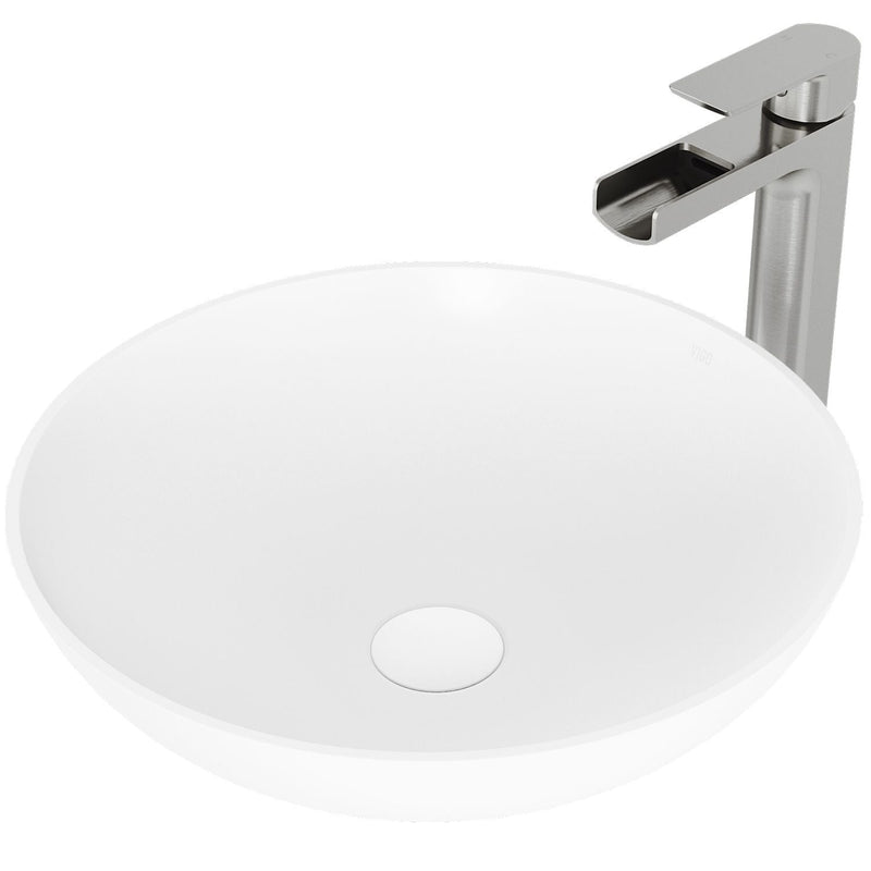 Lotus Round White Composite Bathroom Sink/Basin Set with Amada Faucet and Pop-Up Drain B4556